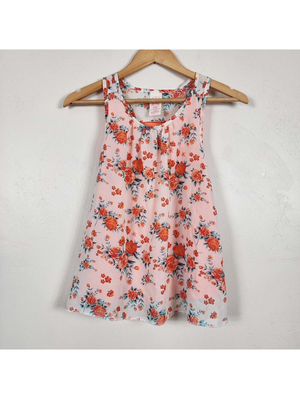 Faded Glory Girls Sheer Floral Tank Top Open Layered Orange Blouse Boho Cottage